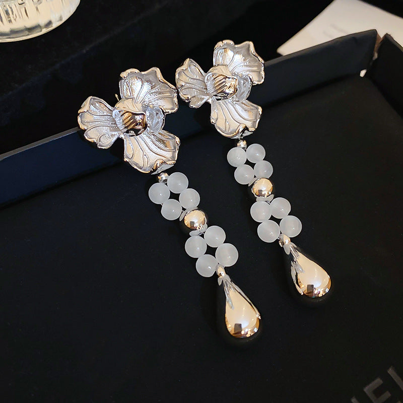 Retro Floral Water Droplet Pearl Crystal Opal Drop Earrings