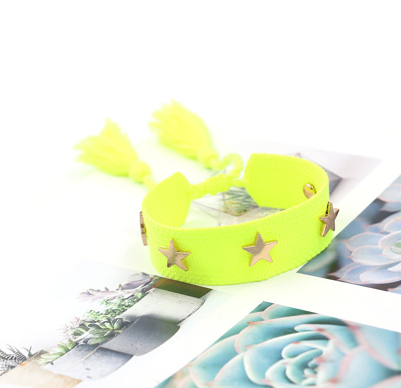 Ethnic Star Polyester Friendship Bracelets with Tassels and Multicolor Woven Bands