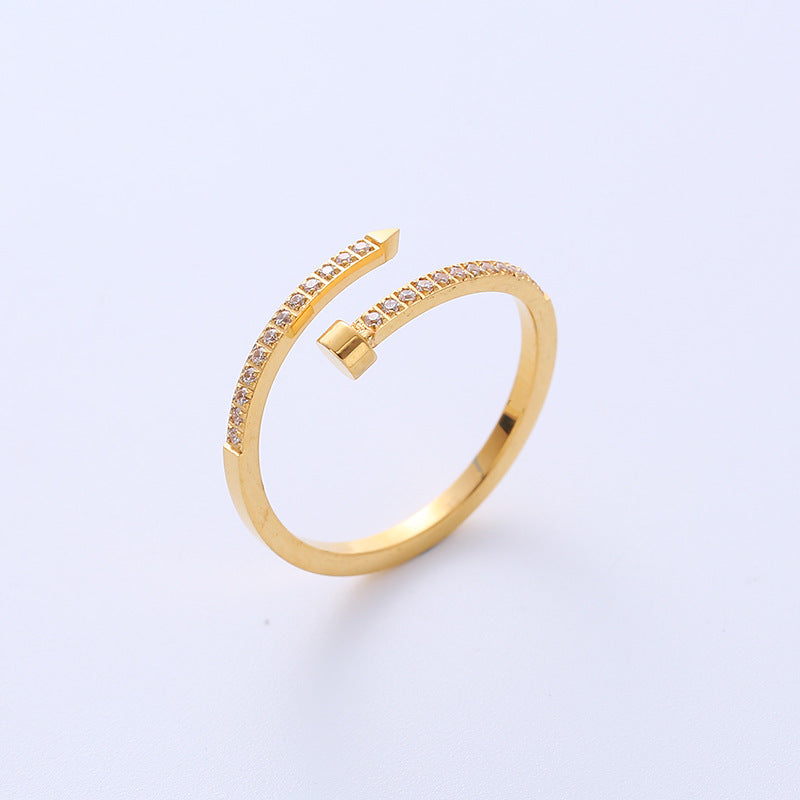 Simple Geometric Zircon Inlaid Titanium Steel Statement Ring for Women
