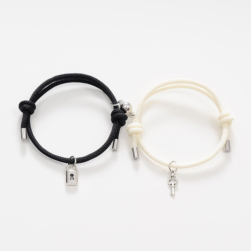 Alloy Key Lock Magnetic Couple Hand Rope Bracelet Set