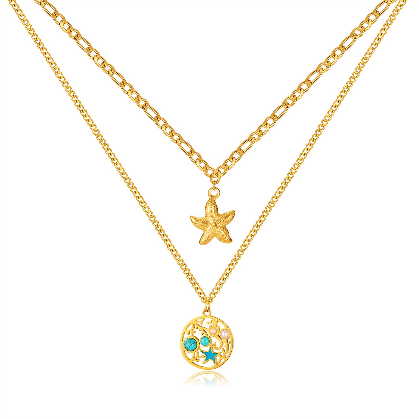 Marine Style Starfish Pearl Natural Stone Layered Necklace in 304 Stainless Steel