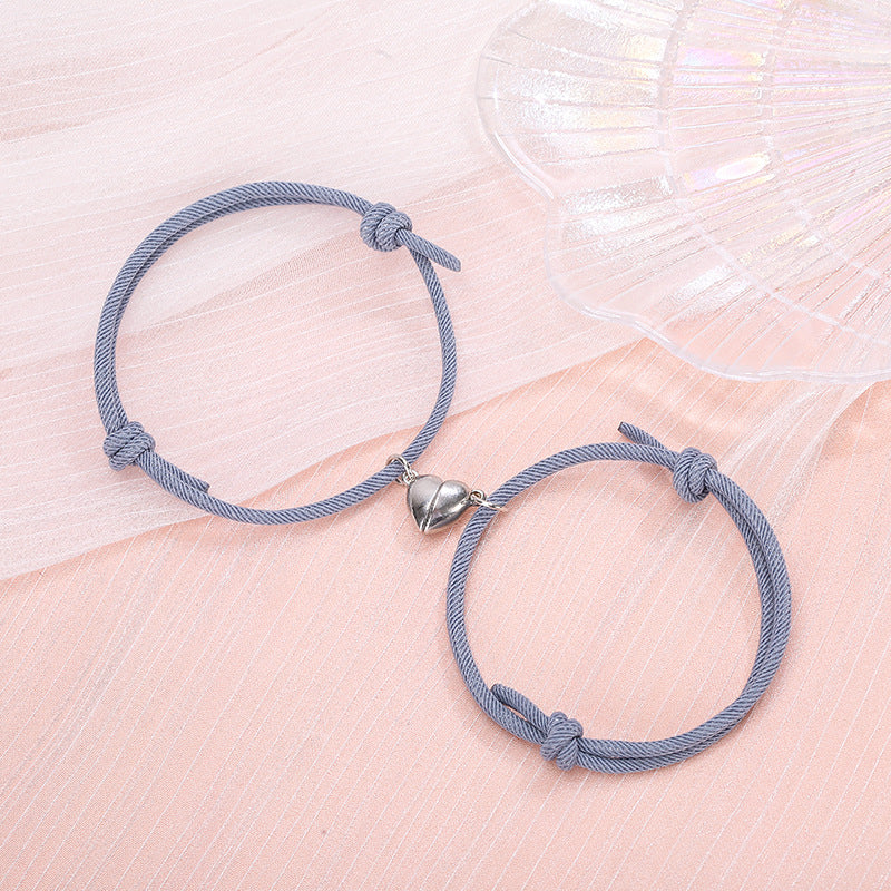 Heart-shaped Magnetic Couple Bracelets Set - Alloy Love Charm Rope Jewelry