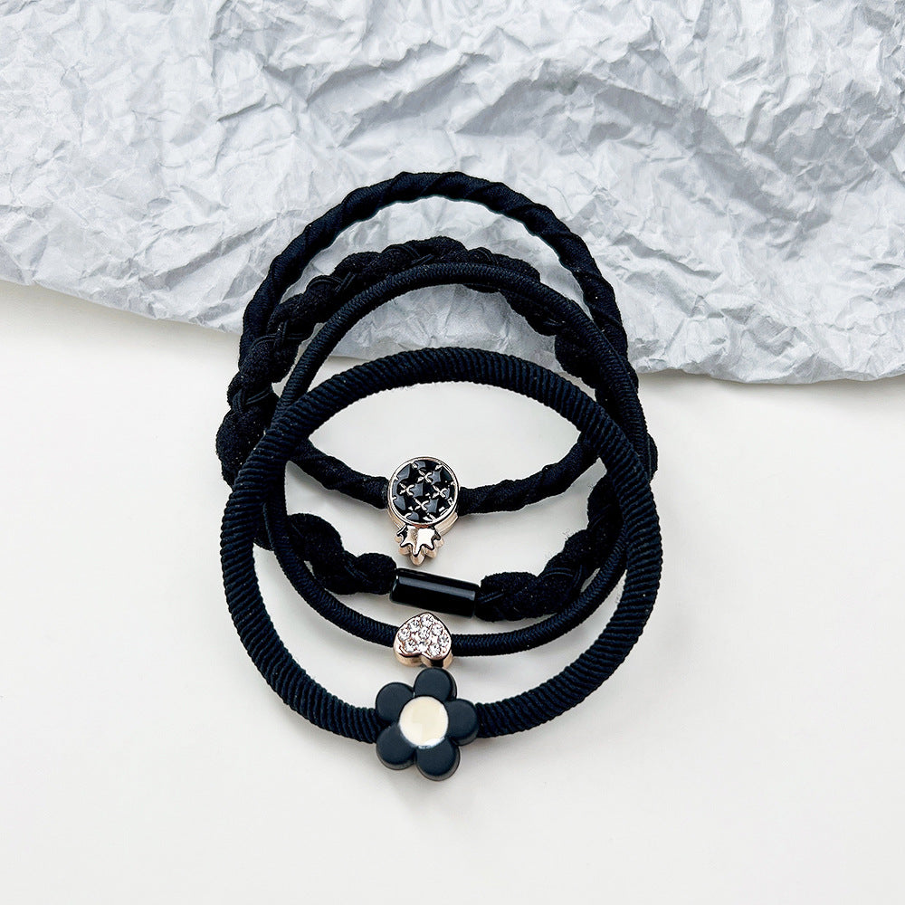 Women's Heart Shape Hair Tie Set - Milk Coffee Color Leather Bands & Floral Love Rings