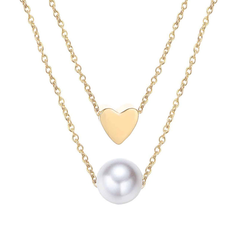Sweet Heart Pearl Stainless Steel Layered Necklace for Women