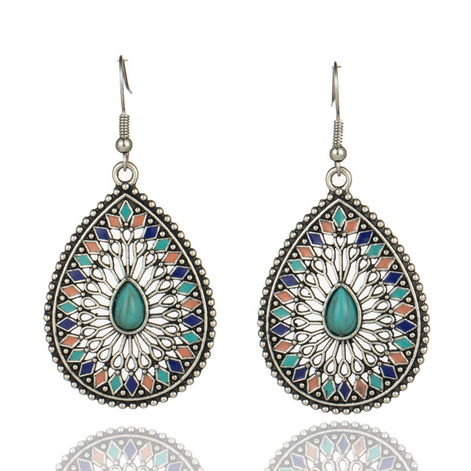 Bohemian Alloy Hollow Teardrop Colored Gemstone Earrings