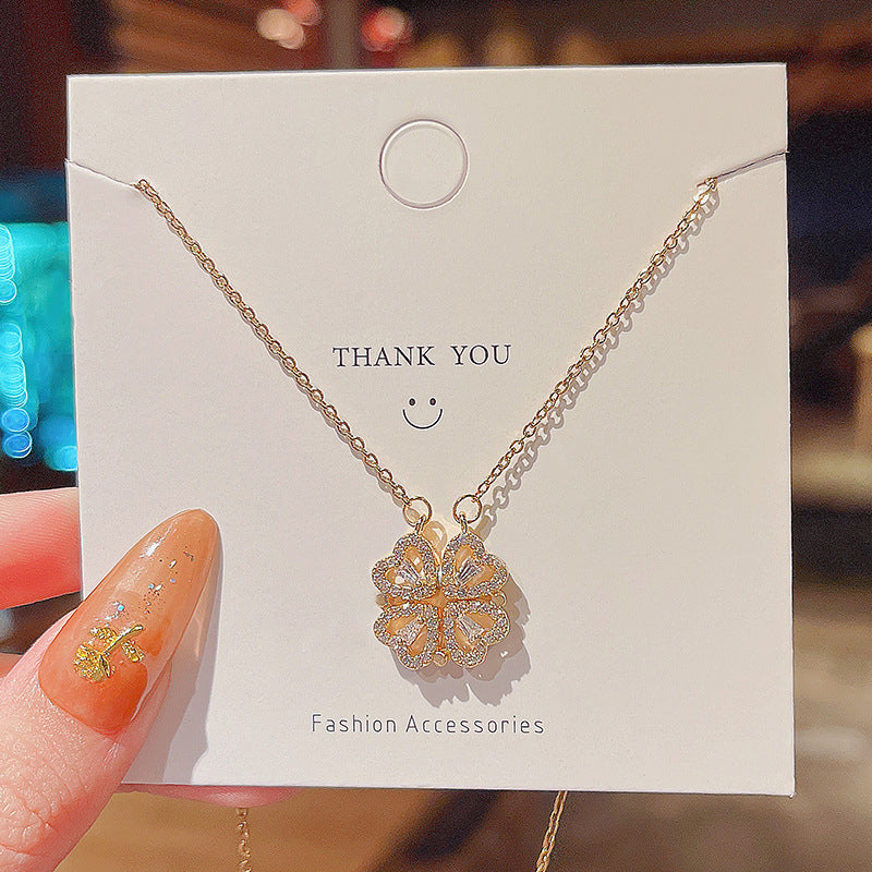 Four Leaf Clover Heart Zircon Inlay Stainless Steel Necklace with Magnetic Pendant