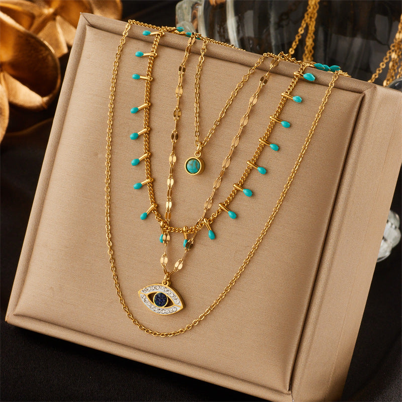 Retro Modern Titanium Steel Turquoise Zircon Layered Necklace