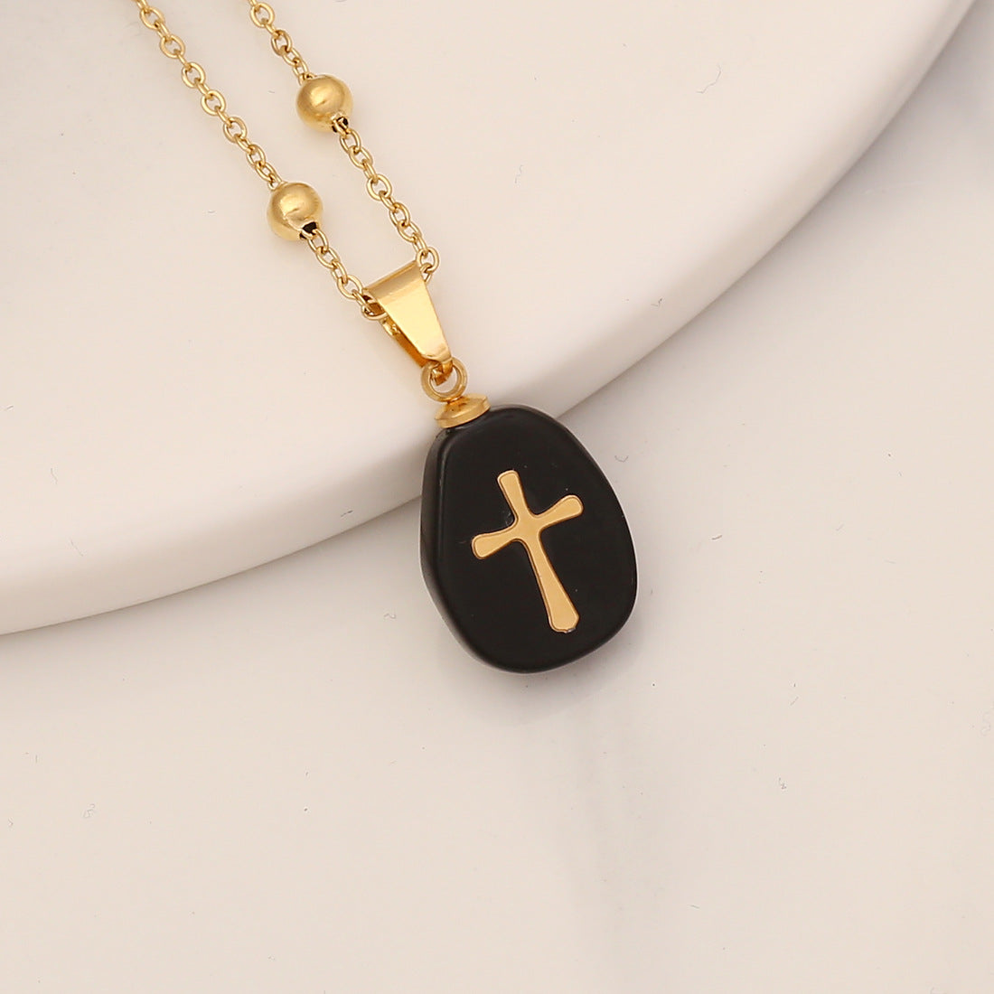 Fashion Stainless Steel Natural Stone Cross Pendant Necklace