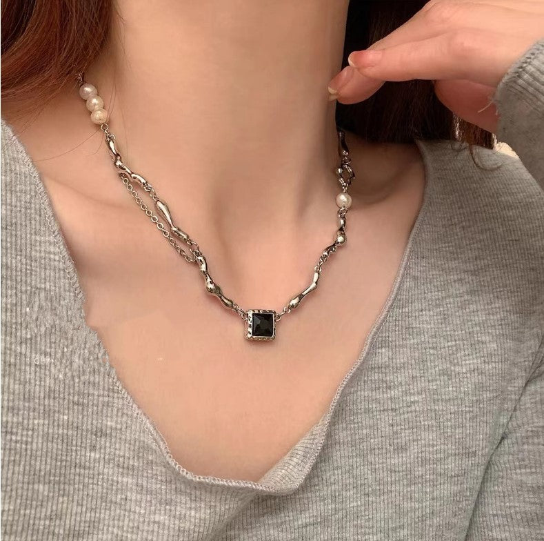 Sweet Star Baroque Pearl Black Zirconia Layered Pendant Necklace for Women