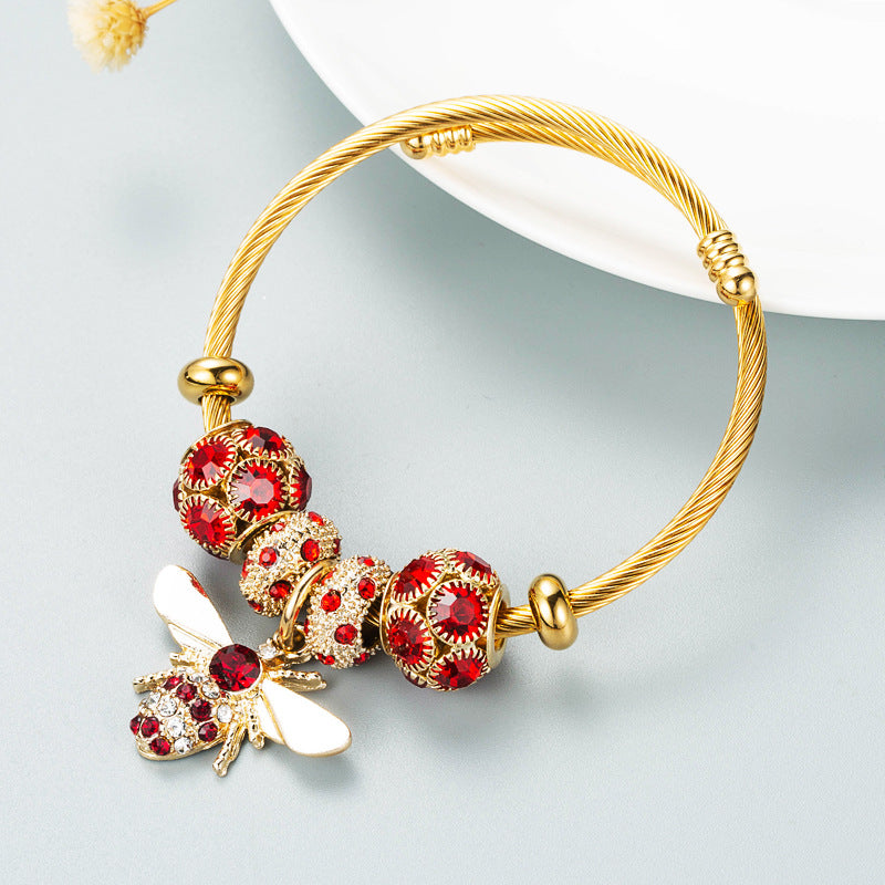 Gold Adjustable Bee Bracelet with Diamond Ball