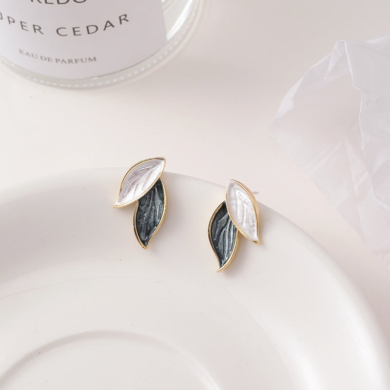 Elegant Korean Leaf Enamel Alloy Stud Earrings with S925 Silver Needle