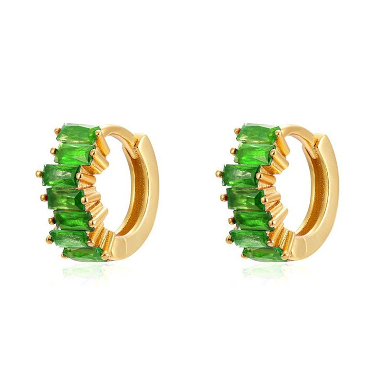 S925 Silver Needle Rectangular Zircon Stud Earrings with Colorful Zircon Hoop Design