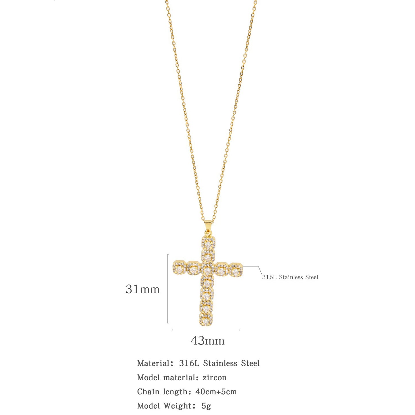 Glam Zircon Cross Pendant Necklace for Women in Copper Plated Stainless Steel