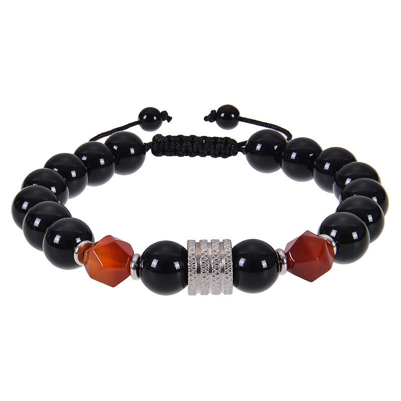 Geometric Alloy Tiger Eye & Obsidian Men's Bracelet with Black Magnet Braided Stainless Steel 10mm Faceted Stone