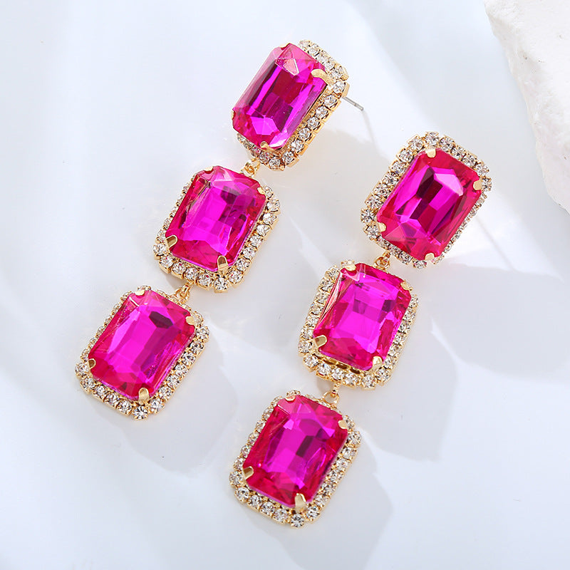 Elegant Gold Plated Square Rhinestone Drop Earrings