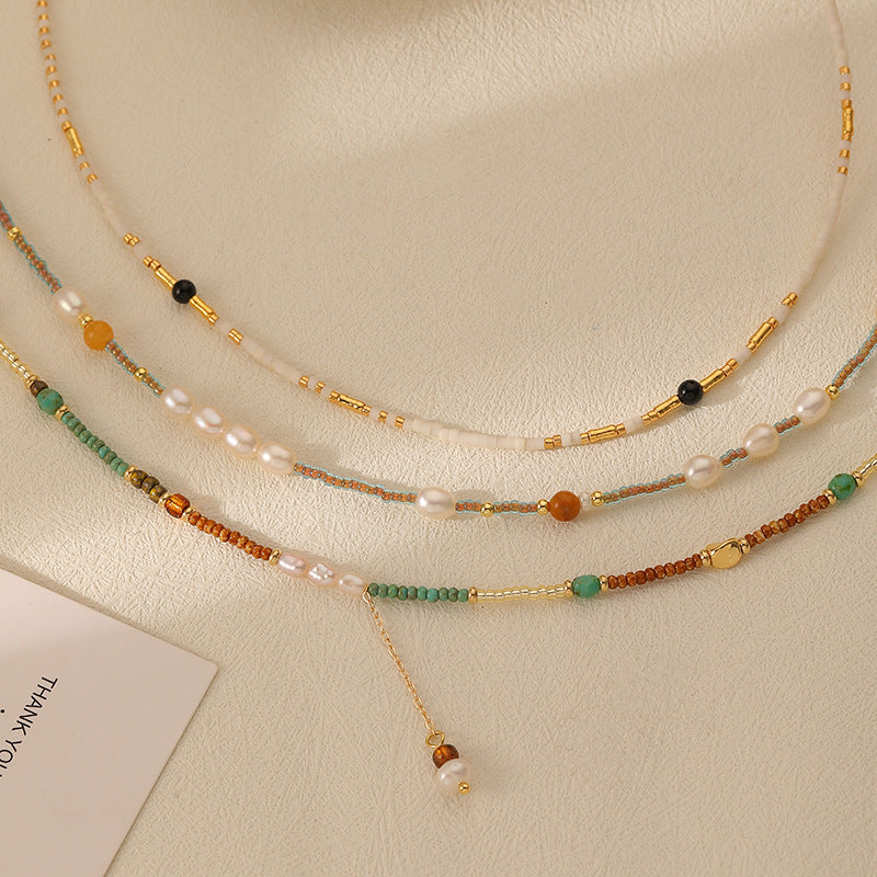 Natural Stone Beaded Stainless Steel Necklace with Colorful Beads and Freshwater Pearl Choker