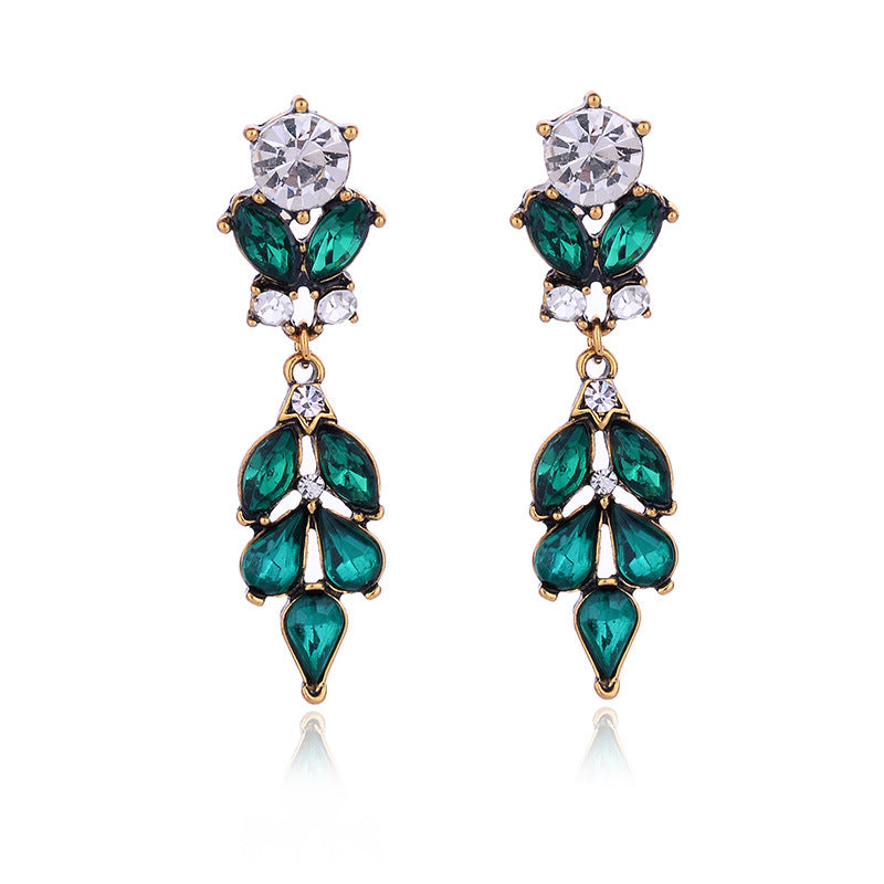 Retro Crystal Inlay Leaf Drop Earrings for Women