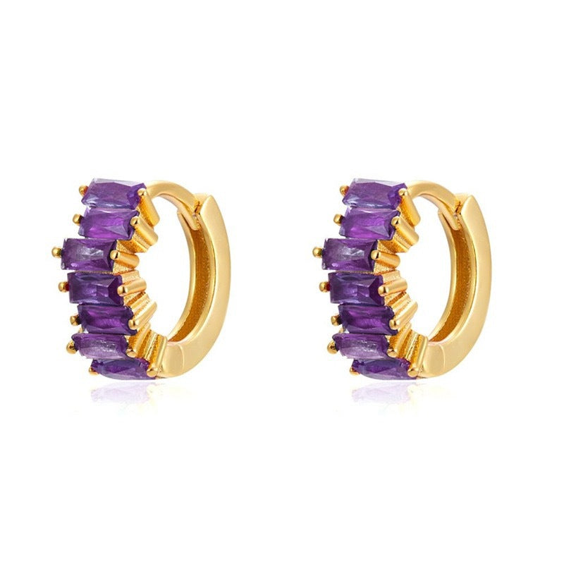 S925 Silver Needle Rectangular Zircon Stud Earrings with Colorful Zircon Hoop Design