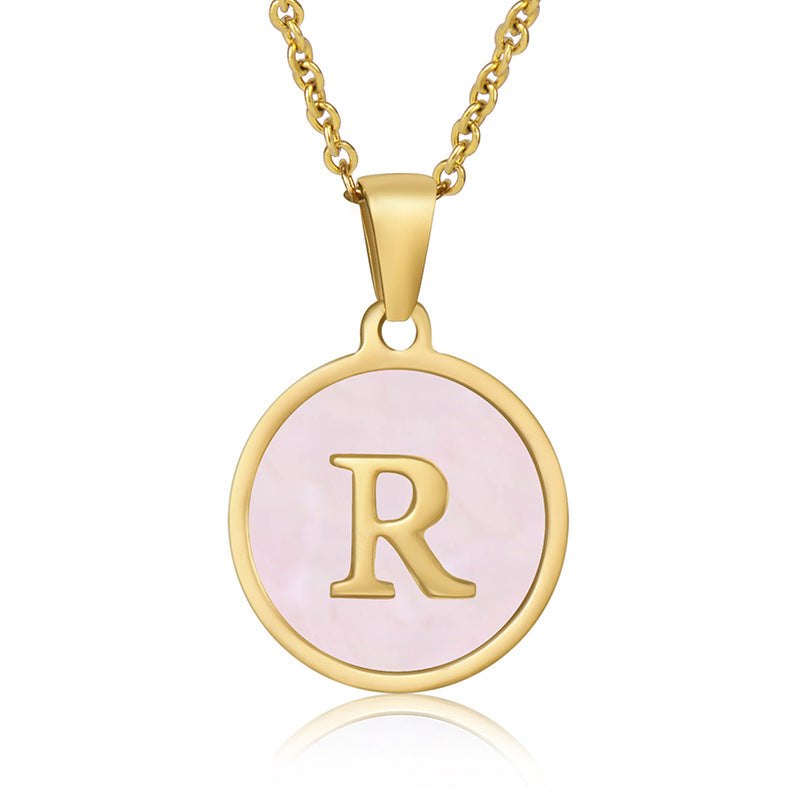 18K Gold Plated Pink Shell Round Letter Pendant Stainless Steel Necklace for Women