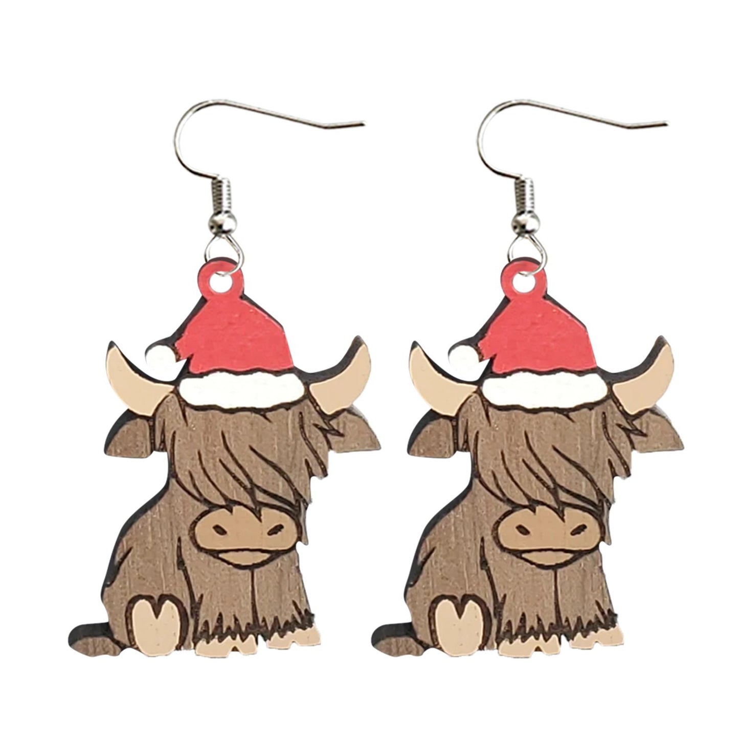 Retro Christmas Cattle Wood Print Women's Earrings