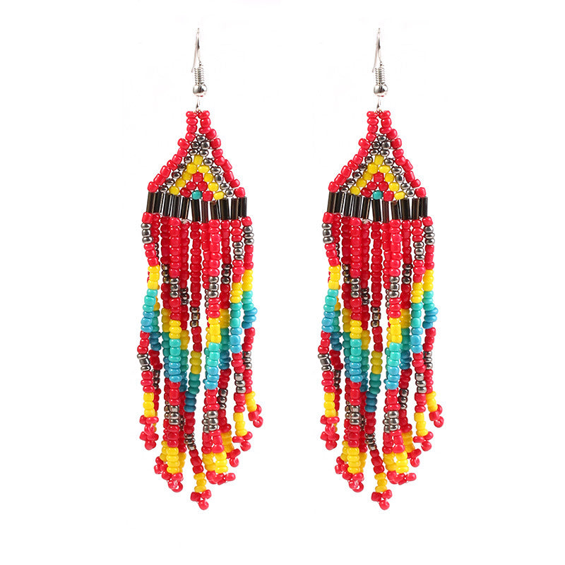 Fashion Multi-layer Rice Bead Vintage Long Tassel Earrings
