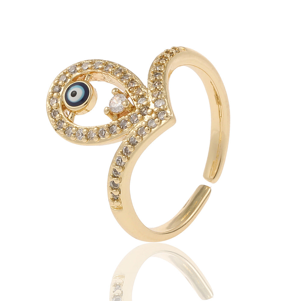 Fashion Geometric Devil's Eye Star Open Ring with Rhinestone Plated Zircon Copper