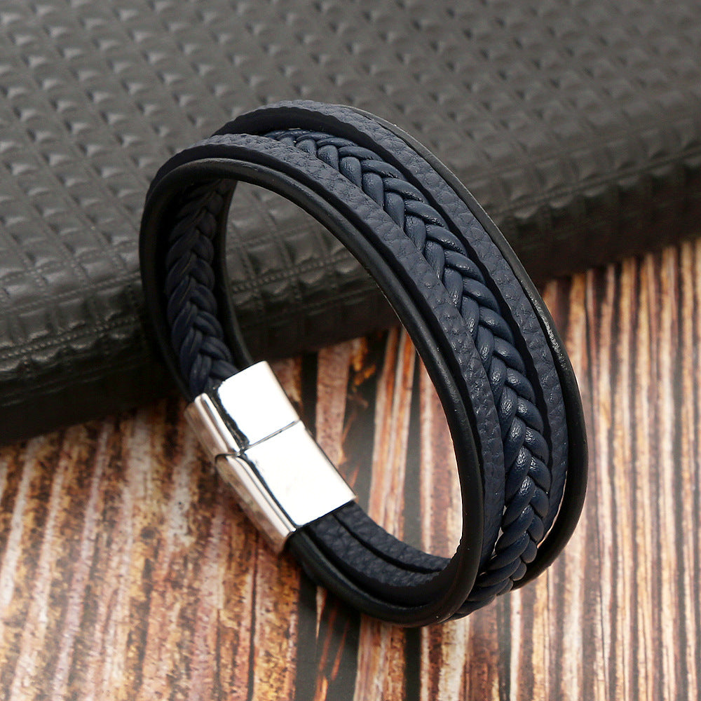Retro Multilayer Leather Bracelet with Magnetic Buckle for Men