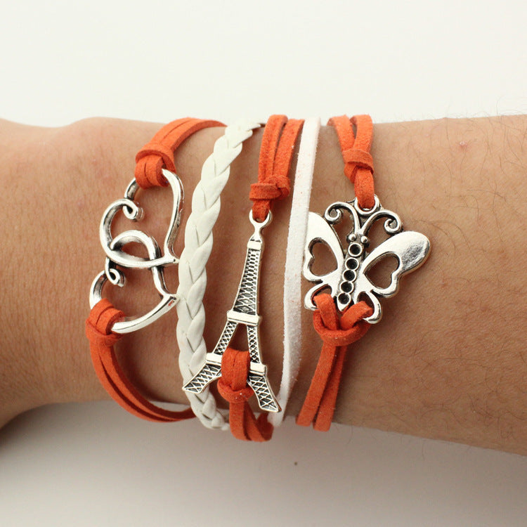 Fashion Multi-Element Leaf Heart Butterfly Owl Braided Women's Bracelet