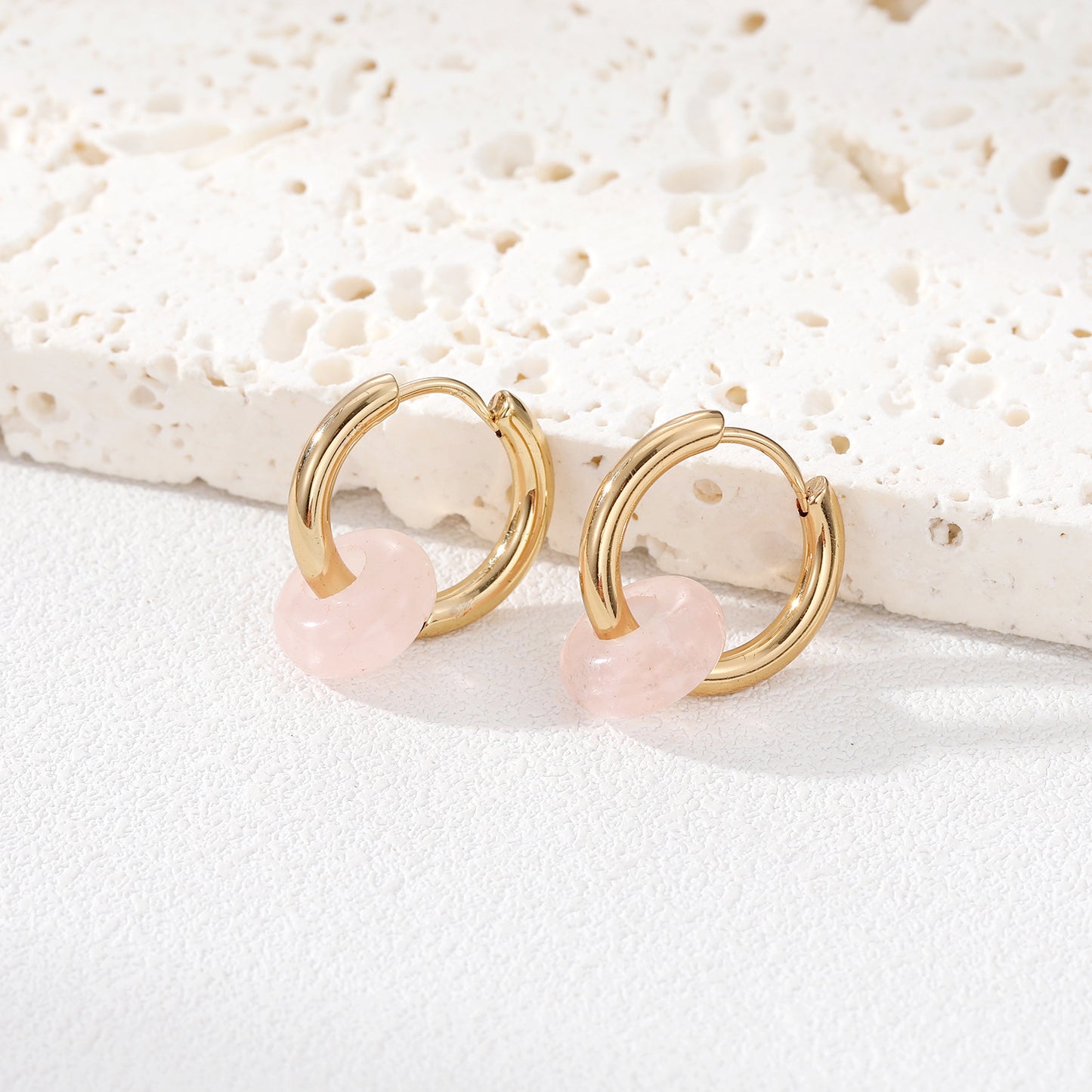 Fashion Vintage Textured Natural Stone Bead Stainless Steel Hoop Earrings