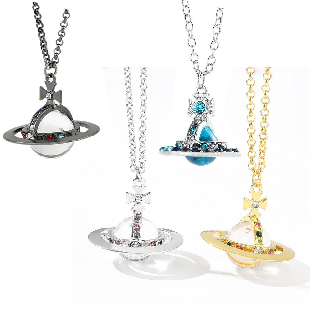Heart Shape Alloy Pendant Necklace with Rhinestone Inlay and Glass Planet Charm