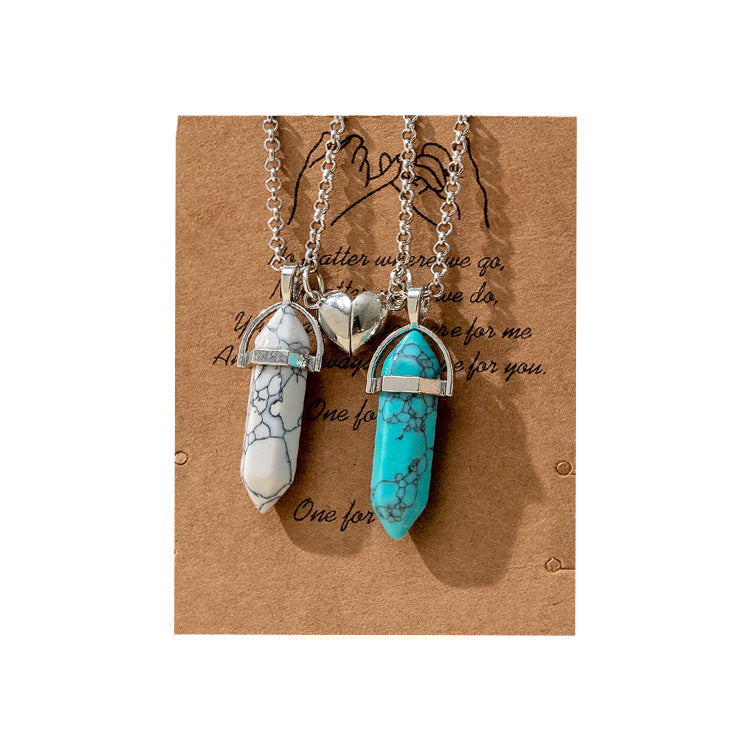 Hexagonal Crystal Quartz Pendant Necklace Set with Water Droplet Gemstone Inlay