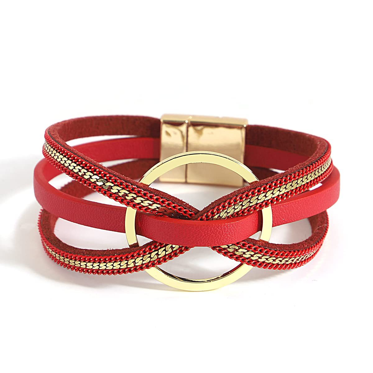 Multilayer Geometric Alloy Circle Magnetic Leather Bracelet for Women