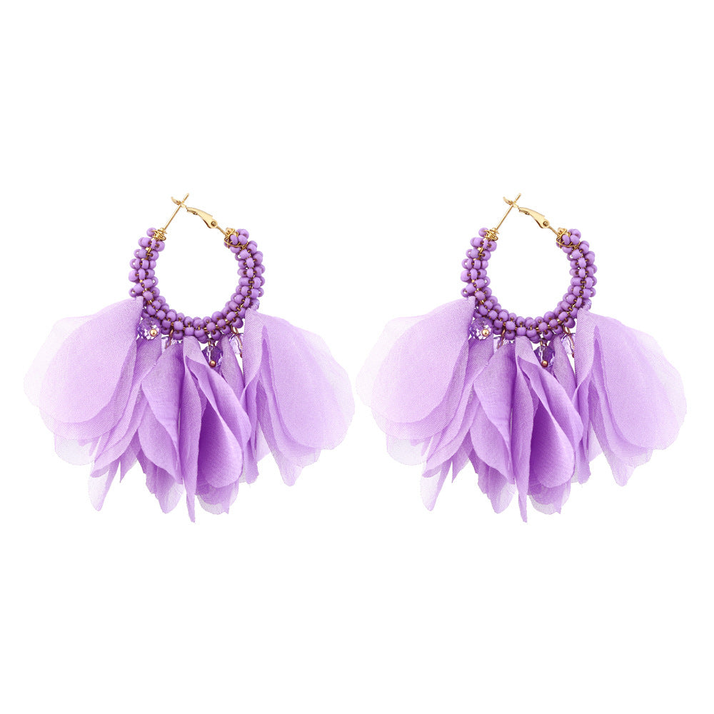 Ethnic Bohemian Purple Chiffon Flower Beaded Hoop Earrings for Women