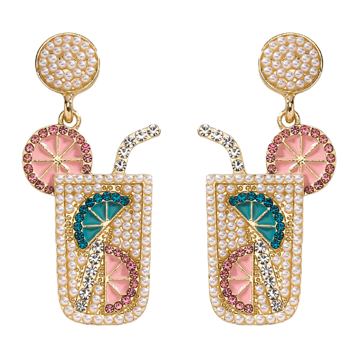 1 Pair Geometric Alloy Drop Earrings with Beaded Cocktail Glass Design