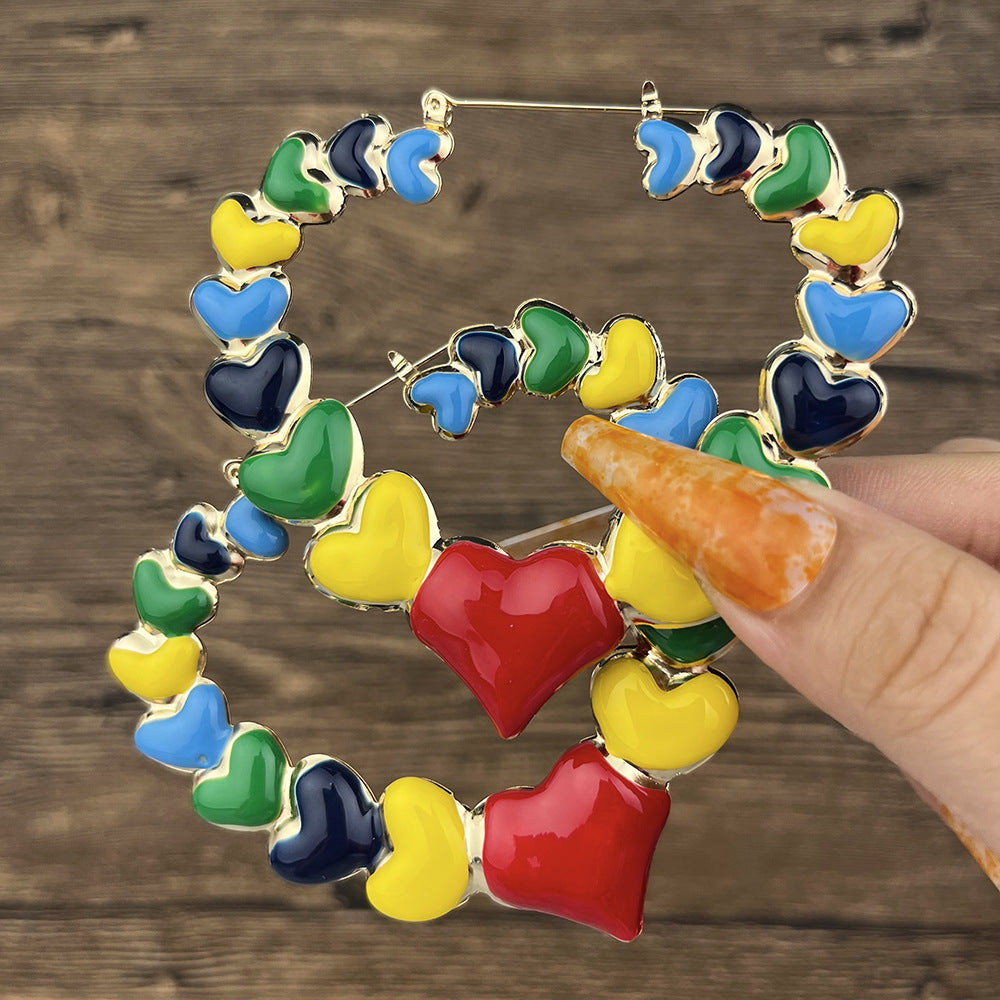 Colorful Heart & Bamboo Hoop Enamel Earrings 2023