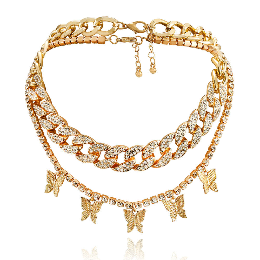 Alloy Rhinestone Butterfly Pendant Necklace - Punk Hip Hop Style