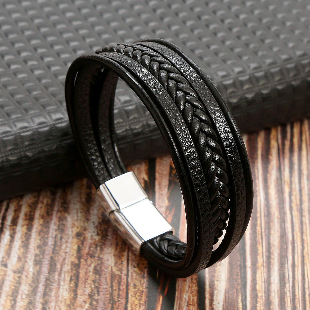 Retro Multilayer Leather Bracelet with Magnetic Buckle for Men