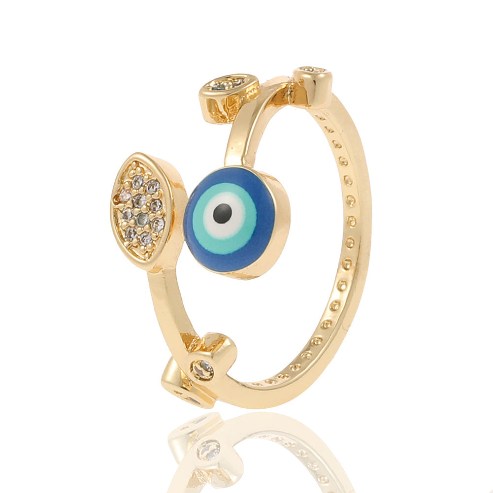 Fashion Geometric Devil's Eye Star Open Ring with Rhinestone Plated Zircon Copper