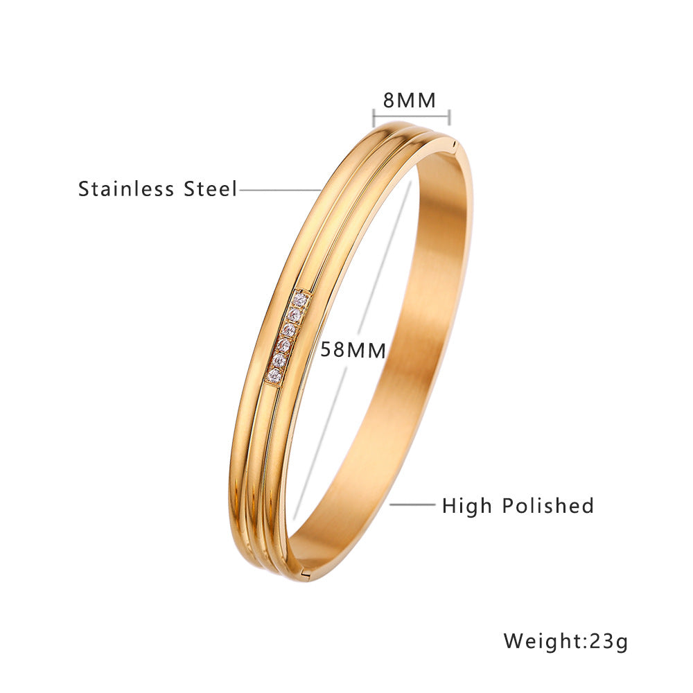 Simple Heart Shape Diamond Gold-Plated Titanium Steel Bangle Bracelet