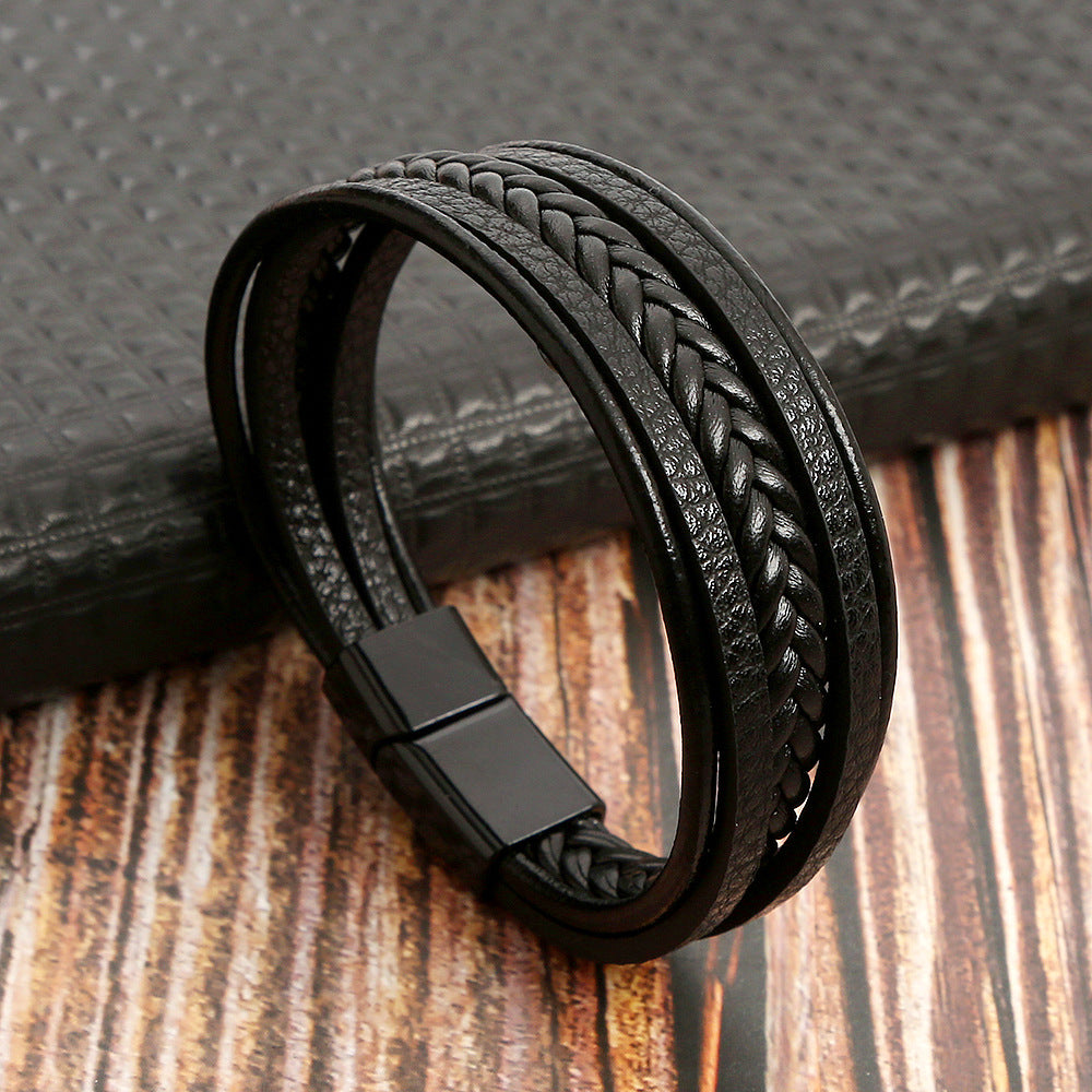 Retro Multilayer Leather Bracelet with Magnetic Buckle for Men