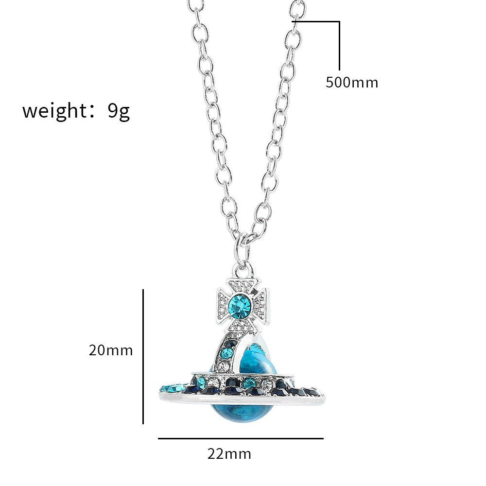Heart Shape Alloy Pendant Necklace with Rhinestone Inlay and Glass Planet Charm