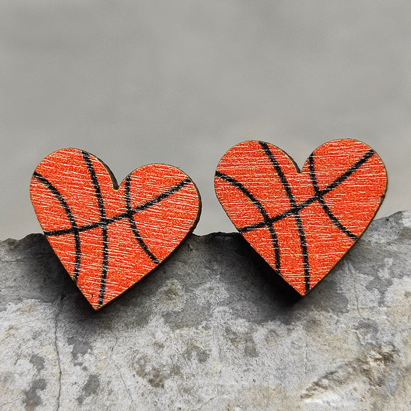 Original Design Sports Heart Shaped Wooden Stud Earrings for Women