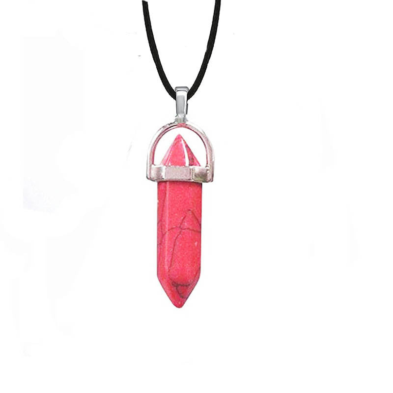 Hexagon Prism Natural Stone Leather Rope Necklace with Quartz Point Pendant
