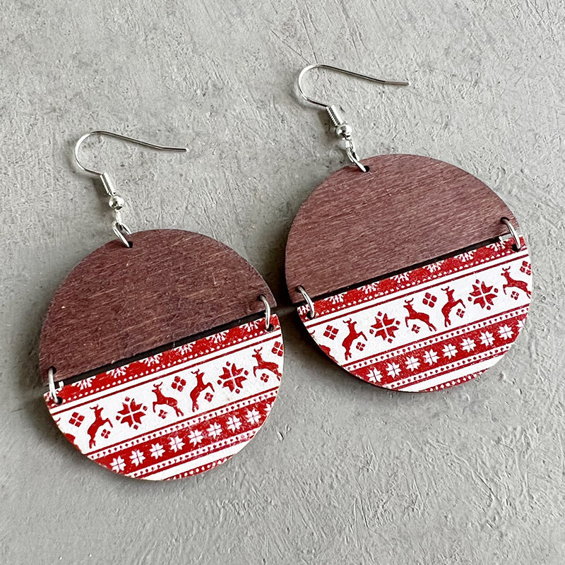 Bohemian Geometric Wood Christmas Pattern Drop Earrings