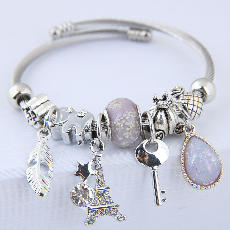 Classic Water Droplet Rhinestone Bangle with Leaf Pendant Crystal Beads Bracelet