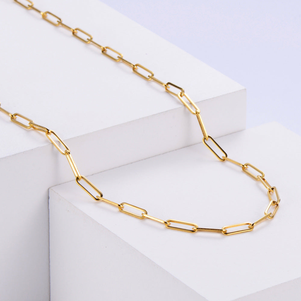 Simple Wide Stainless Steel 18k Gold Plated Square Flattened Long Cross Chain Necklace