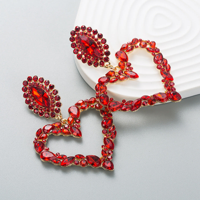 Red Heart Shaped Alloy Rhinestone Statement Earrings for Women