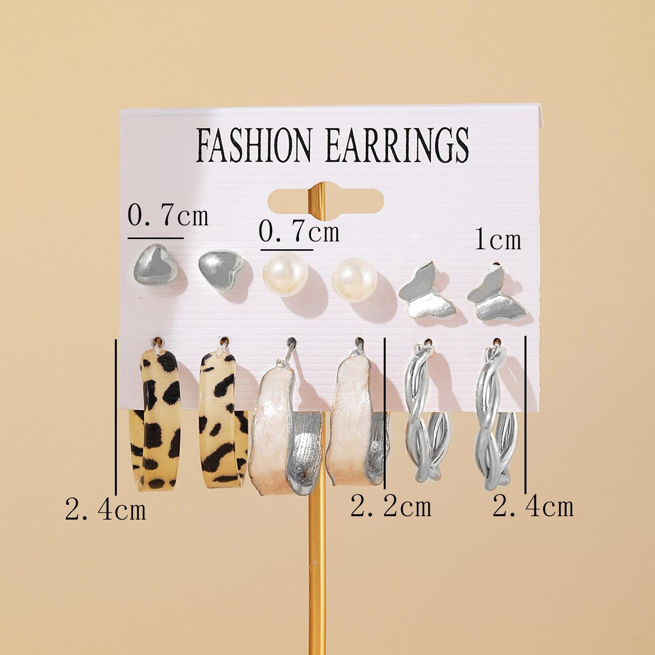 Geometric Heart & Checkerboard Pattern Earrings Set - 6 Pairs