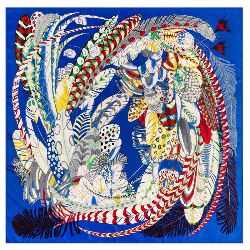 European Feather Print Twill Silk Square Scarf 130cm Women's Headscarf Shawl