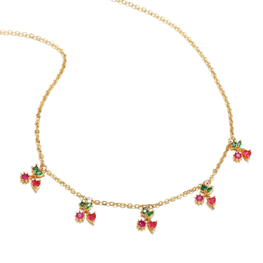 Colorful Zircon Cherry Peach Tropical Fruit Clavicle Chain Necklace